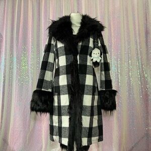 black and white buffalo faux fur jacket